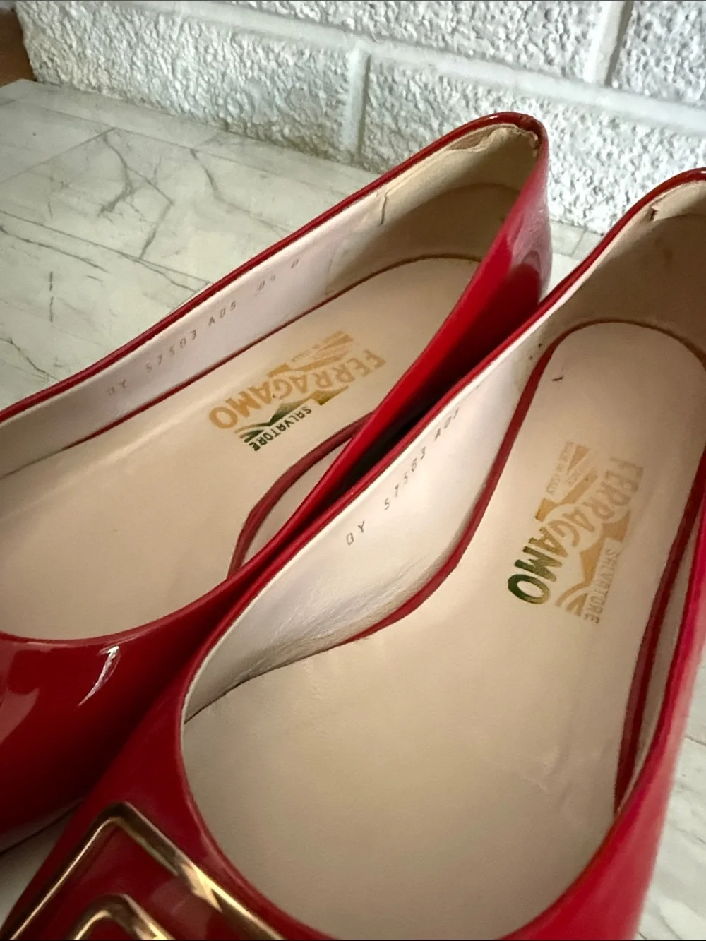Salvatore Ferragamo Red Patent Leather Buckle Flats with Gold Hardware